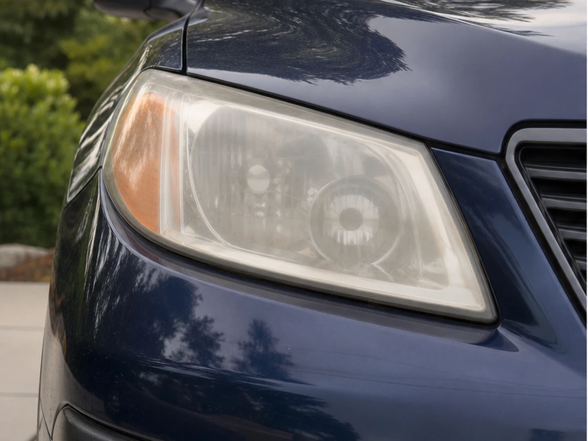 Illustrative crossover headlight with hazy oxidized lens
