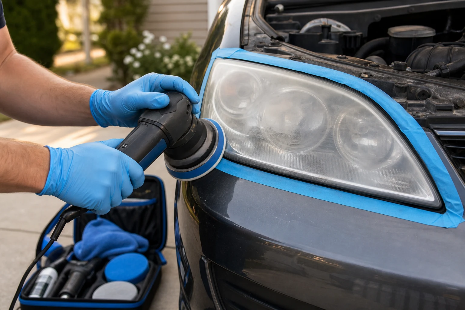 Technician carefully polishing an oxidized headlight during mobile restoration